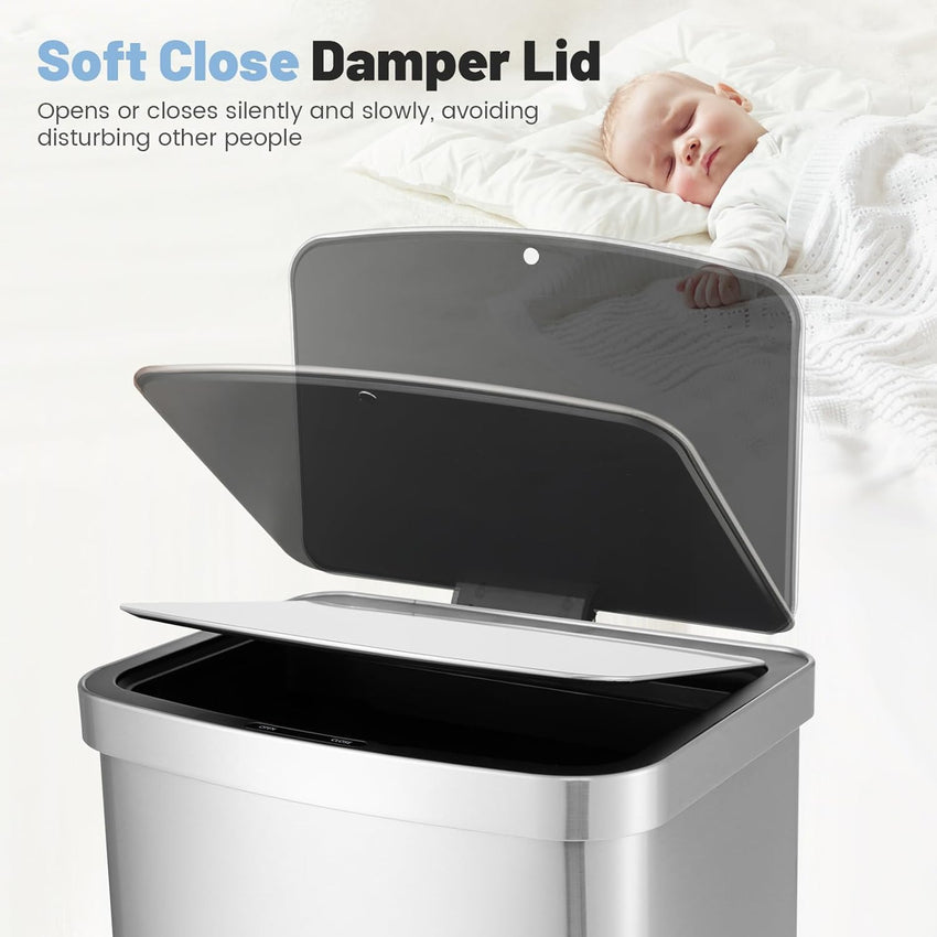Goplus 13 Gallon/ 50L Touchless Trash Can, Rectangular Motion Sensor Trash Bin with Soft Close Lid & Deodorizer Compartment, Stainless Steel Automatic Garbage Can for Kitchen, Office