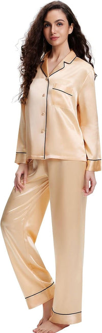 Lonxu Silk Satin Womens Pajama Sets Button Down Sleepwear Loungewear XS~3XL