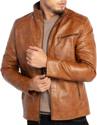 7DAY'S Men's Stand Collar Leather Jacket Motorcycle Lightweight Faux Leather Outwear