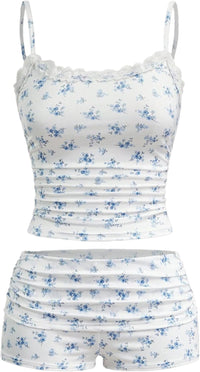 Hilinker Womens Sexy Pajama Set Ruched Lace Trim Cami and Shorts Summer Cute Pjs 2 Piece