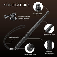 ATUMTEK 45" Invisible Selfie Stick, 1/4" Extended Monopod Pole, Solid and Compact Design for Insta360, for GoPro, DJI, Action Camera (Buckle Mount for GoPro and Wrist Strap Included)