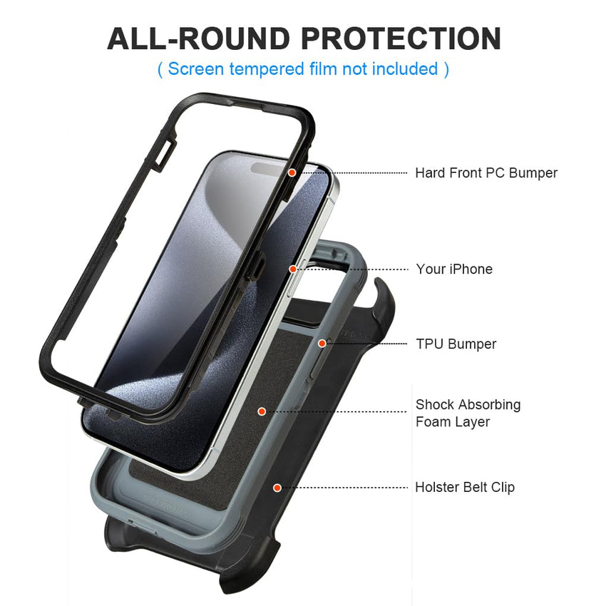 for Black iPhone 16 Pro Case with Belt Clip, for Shockproof iPhone 16 Pro Case Heavy Duty,3 Layers of Sturdy,Anti-Drop,Military-Grade Defender Cover for iPhone 16Pro Case Black