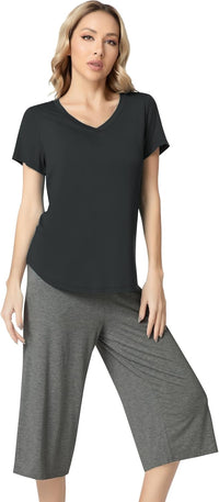 NACHILA Women’s Pajamas-Viscose Made from Bamboo, Short Sleeve Pjs Top with Capri Pajama Sets for Women Cool V Neck Sleepwear