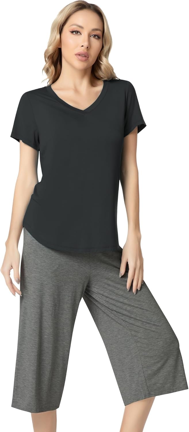 NACHILA Women’s Pajamas-Viscose Made from Bamboo, Short Sleeve Pjs Top with Capri Pajama Sets for Women Cool V Neck Sleepwear