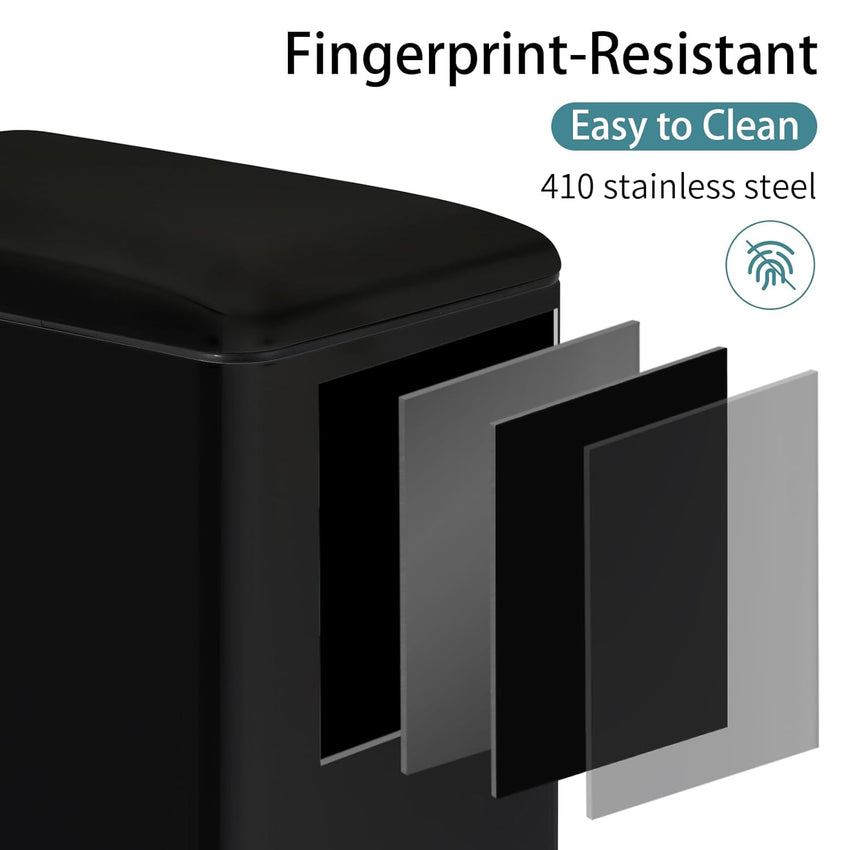 Arlopu 13.2 Gal Slim Kitchen Trash Can with Lid, 50L Stainless Steel Garbage Can, Large Kitchen Rubbish Can, Step Trash Bin w/Foot Pedal and Inner Bucket, Bathroom Trash Can Airtight (Black)