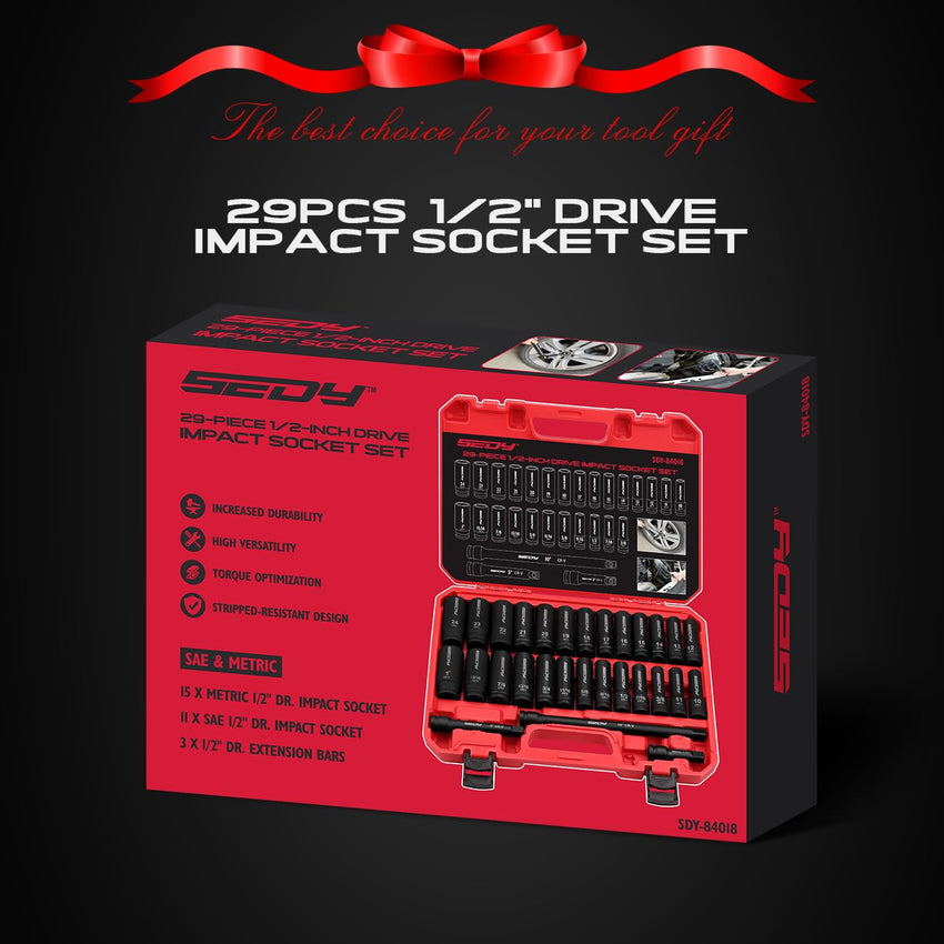 29-Piece 1/2" Drive Impact Socket Set, SAE (3/8 to 1 inch) and Metric (10-24mm) Sizes with Extension Bars Standard Deep Socket Set CR-V Material High Durability Impact Wrench