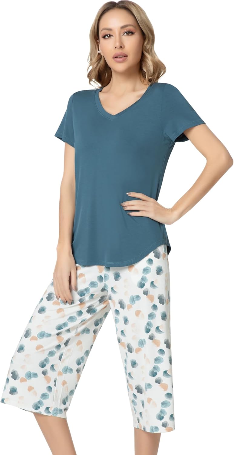 NACHILA Women’s Pajamas-Viscose Made from Bamboo, Short Sleeve Pjs Top with Capri Pajama Sets for Women Cool V Neck Sleepwear