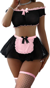 Sexy Stockings Mini Skirt Mesh Sheer Lace Halloween Costume Maid Outfit Lingerie with Thong Set 4 Piece