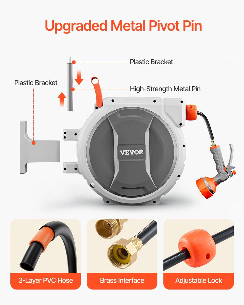 VEVOR Retractable Garden Hose Reel, 1/2 Inch x 84 ft Wall Mounted Heavy Duty Garden Hose Reel with 9 Patterns Nozzle, Any Length Lock, Upgraded Slow Return System and 180°Swivel Bracket