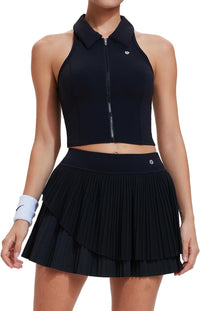Airfree Tennis Skirt Sets for Women Outfits Lapel Collar Sleeveless Vests Patchwork Pleated Skirt Sets