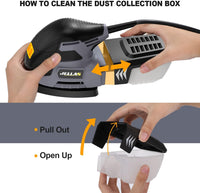 JELLAS Electric Detail Sander, 220W Compact Sander Machine for Wood, 13,000 RPM Sanders with Dust Collection, 16PCS Sandpapers, Finger Sanding Attachment and Sanding Pad Included, MS220T