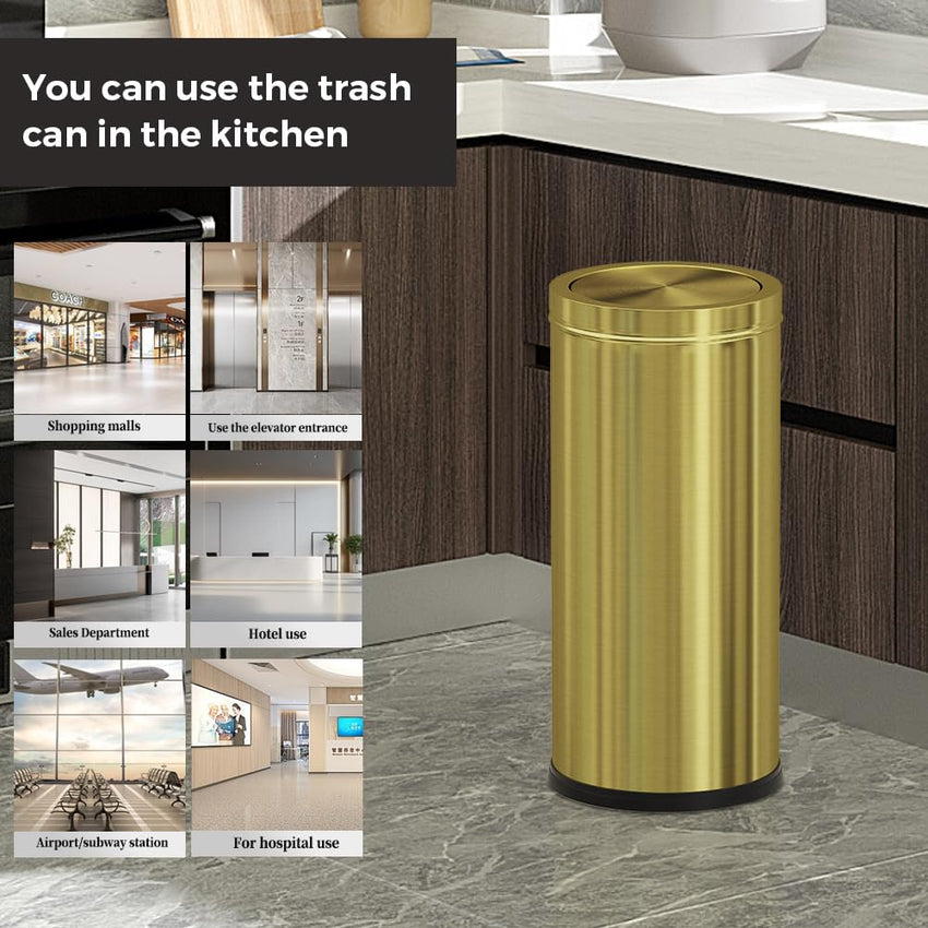 30L/8GAL Gold Brass Kitchen Trash Can,Tall Commercial Garbage can,Large Capacity FILP lid Trash can for Kitchen,Shopping mall,Elevator gate,Airport, Hotel,Commercial (Gold)