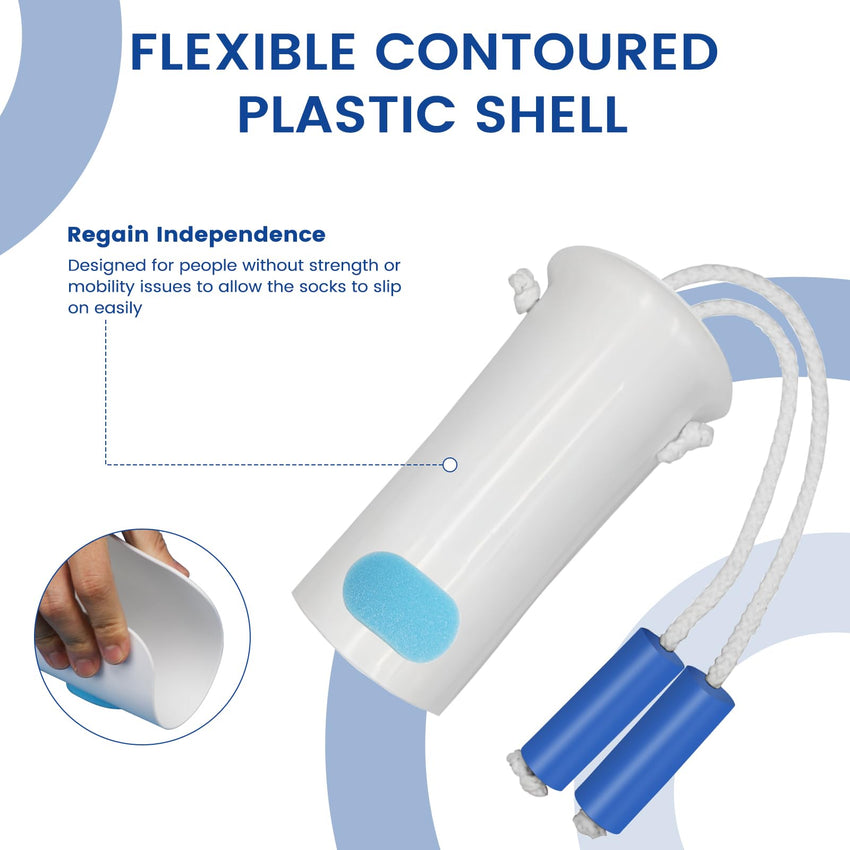 Jellas Sock Aid Kit, Flexible Sock Aid Device with Long Rope - Sock Puller aid Easy on and Off Device for Putting On and Removing Socks or Stockings, Sock Helper for Independence and Comfort (White)