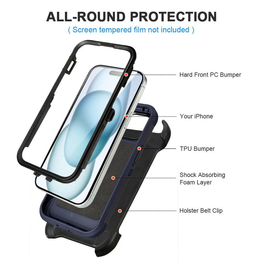 Shockproof Case for iPhone 16 Plus, Heavy Duty, Anti-Drop, 3 Layers, Grey with Belt Clip