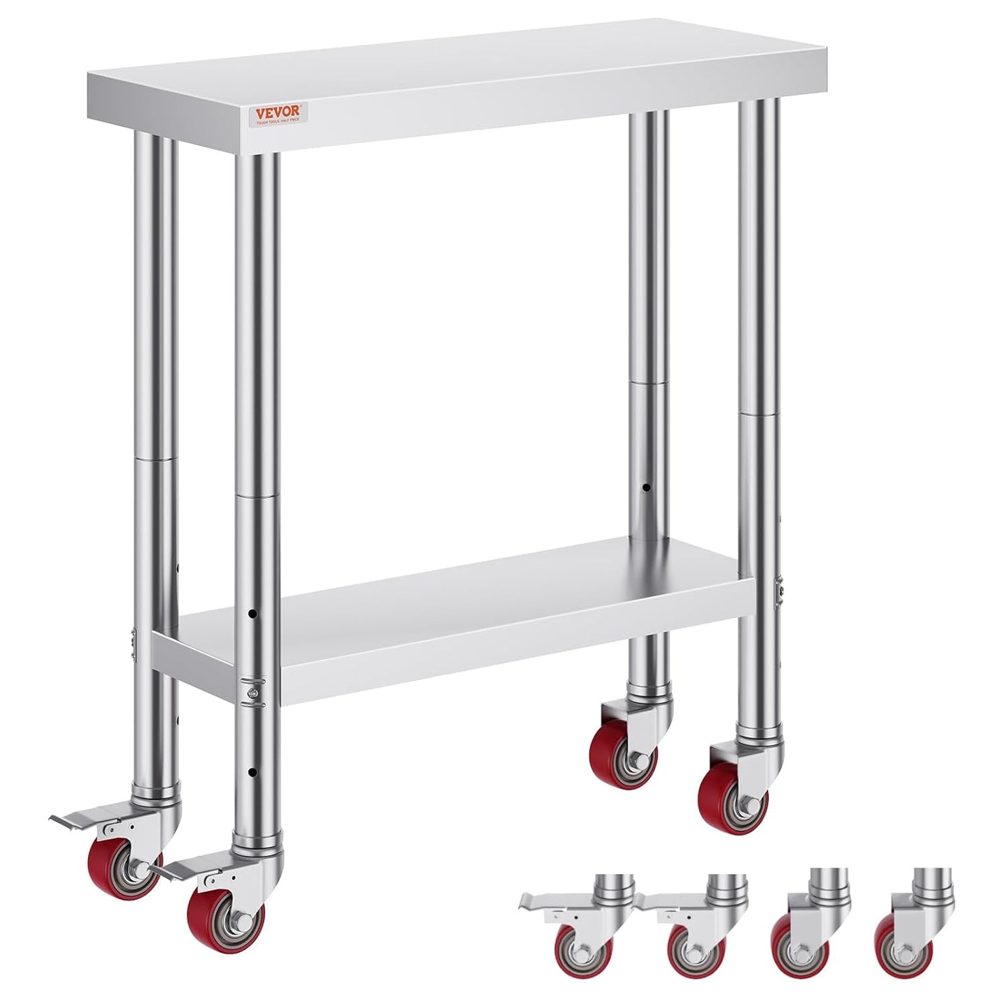Vevor Mophorn Stainless Steel Work Table 36x24 Inch with 4 Wheels, Casters Heavy Duty Food Prep Worktable for Commercial Kitchen Restaurant, Silver