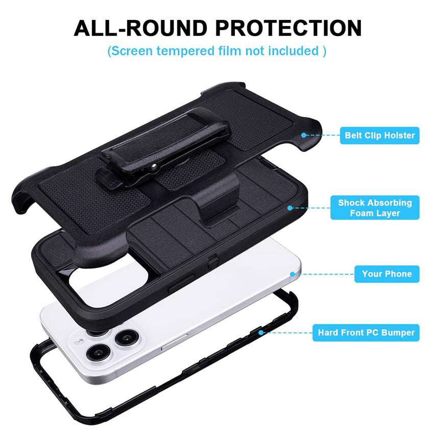 for Phone Case iPhone 15 Pro Max Case Black with Belt Clip Heavy Duty Holster for Shockproof Cases,3 Layers of Sturdy,Military Grade Defender Cover for iPhone 15 Pro Max Cases Black 6.7 Inch