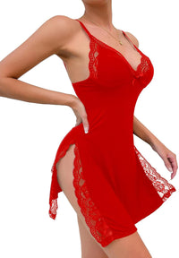 Sexy Split Side Floral Lace Trim Full Slip Night Gown Babydoll Lingerie Dress with Thong 2 piece