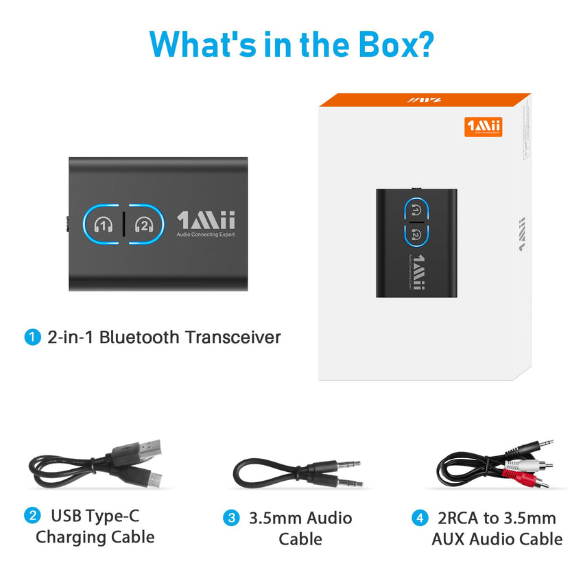 1Mii Bluetooth 5.3 Transmitter Receiver for TV to Wireless Headphones, Dual Link AptX Adaptive/Low Latency/HD Audio, Aux Adapter for Home Stereo, Airplane, Boat, Gym