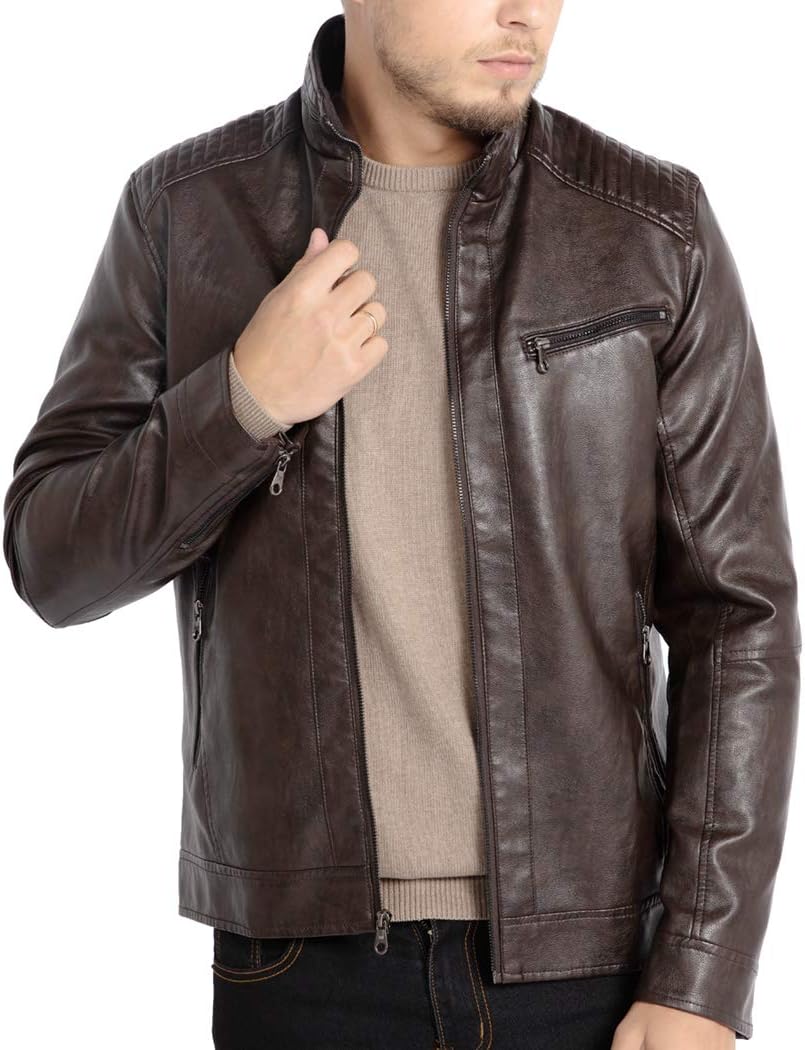 7DAY'S Men's Stand Collar Leather Jacket Motorcycle Lightweight Faux Leather Outwear