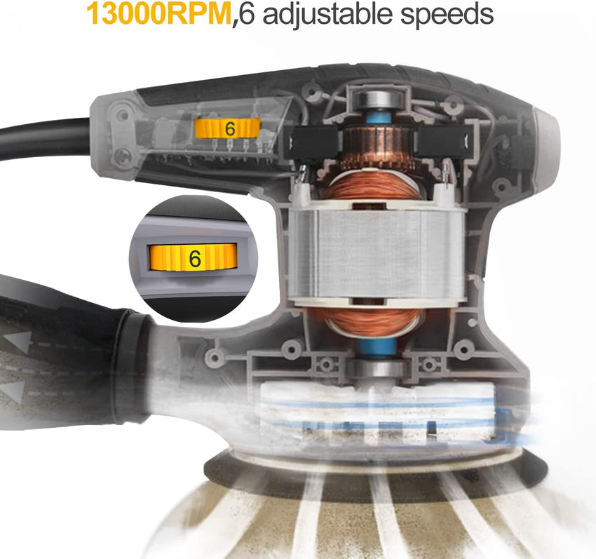 Jellas 5-Inch Random Orbital Sander with 18Pcs Sandpapers, 13000RPM 6 Variable Speed Sander Machine, High Performance Dust Collection System for Woodworking, 2.5A, Dust Collection Bag Include - OS280