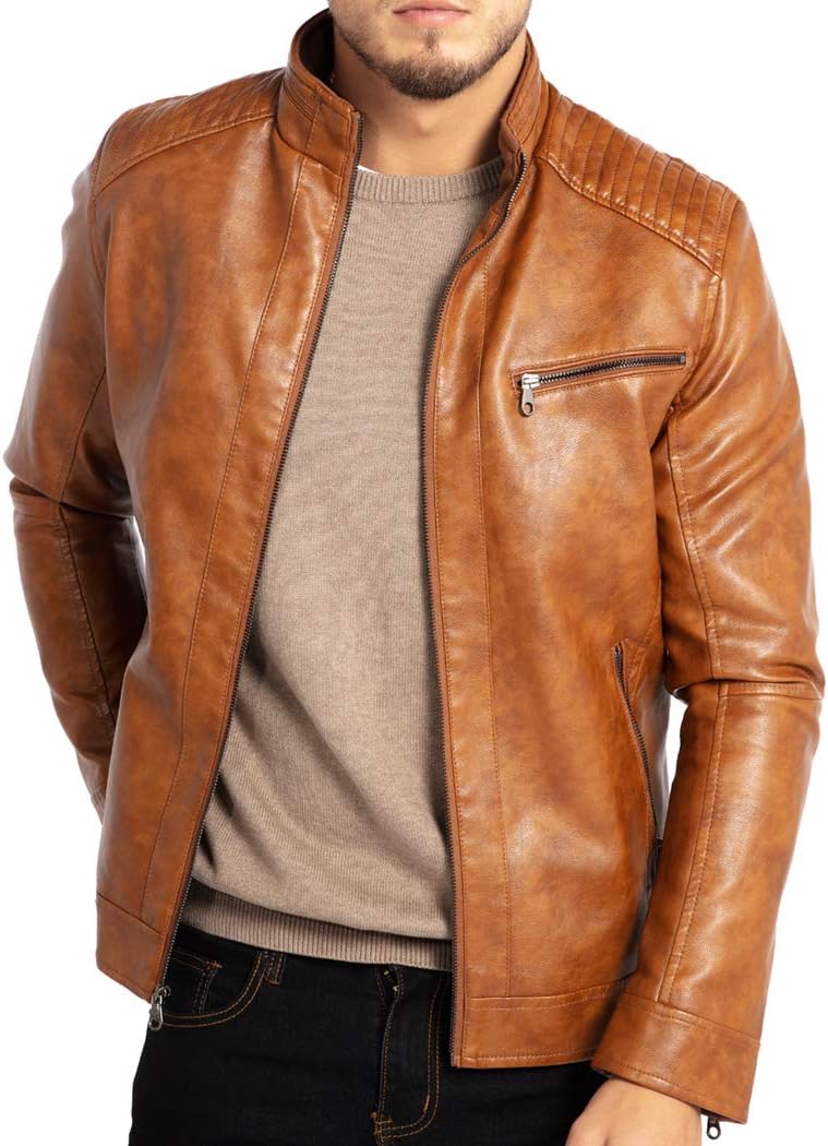 7DAY'S Men's Stand Collar Leather Jacket Motorcycle Lightweight Faux Leather Outwear