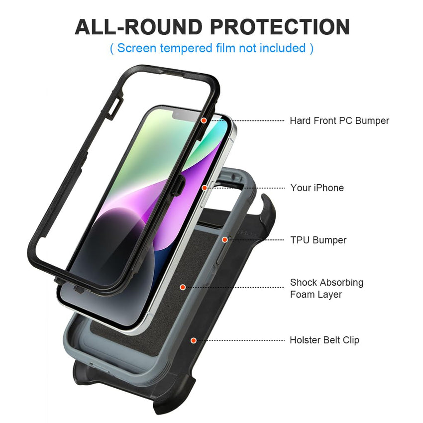 for Black iPhone 15 Case with Belt Clip, Shockproof Heavy Duty Rugged, 3 Layers of Sturdy,Anti-Drop, Military-Grade Defender Cover for iPhone 15 Case Black