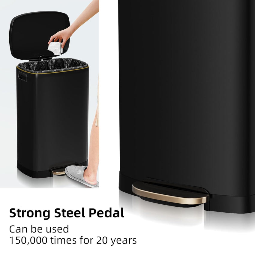 13 Gallon Trash Can with Lid, 50L Fingerprint Proof Stainless Steel Kitchen Trash Can with Removable Inner Bucket and Lid Soft Close, Pedal Rubbish Bin for Home Office, Black