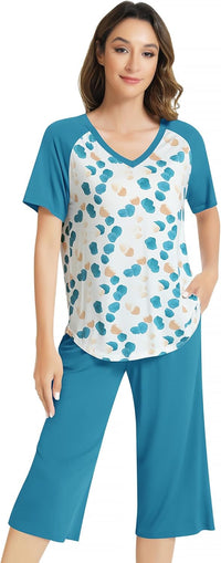 NACHILA Women’s Pajamas-Viscose Made from Bamboo, Short Sleeve Pjs Top with Capri Pajama Sets for Women Cool V Neck Sleepwear