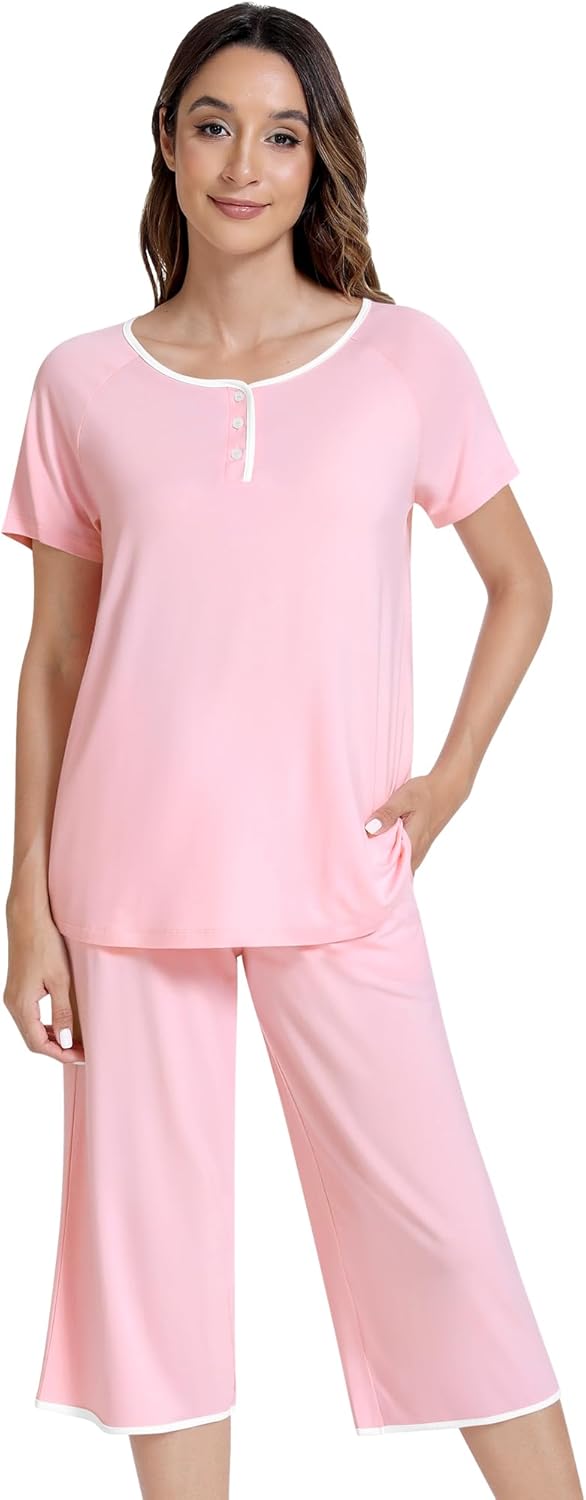 NACHILA Women’s Pajamas-Viscose Made from Bamboo, Short Sleeve Pjs Top with Capri Pajama Sets for Women Cool V Neck Sleepwear