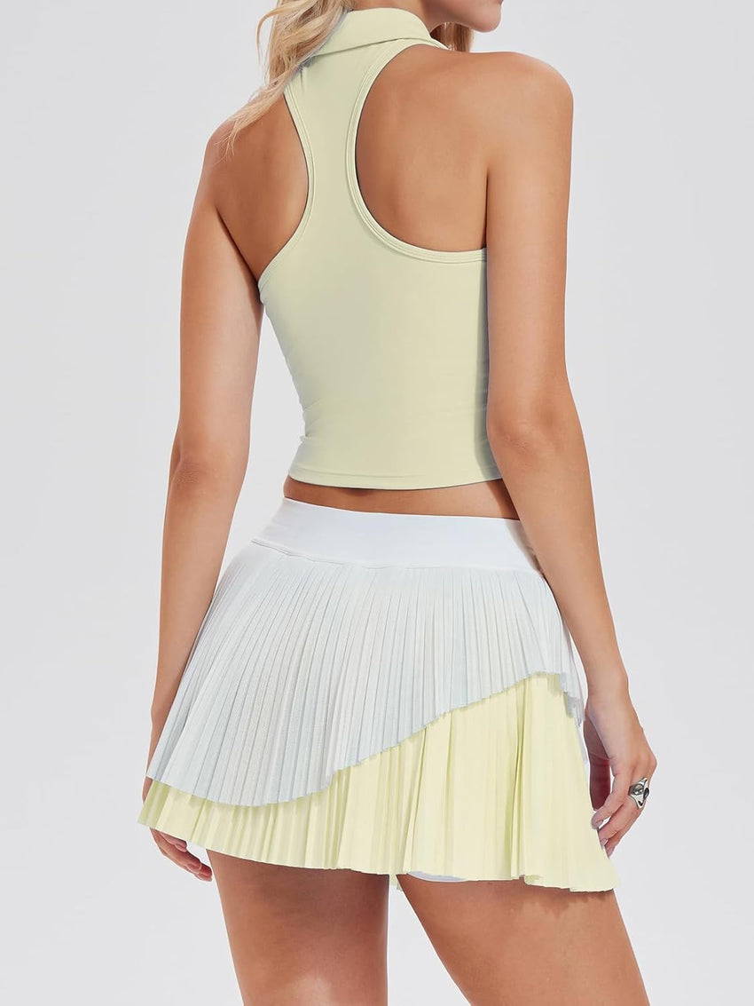 Airfree Tennis Skirt Sets for Women Outfits Lapel Collar Sleeveless Vests Patchwork Pleated Skirt Sets