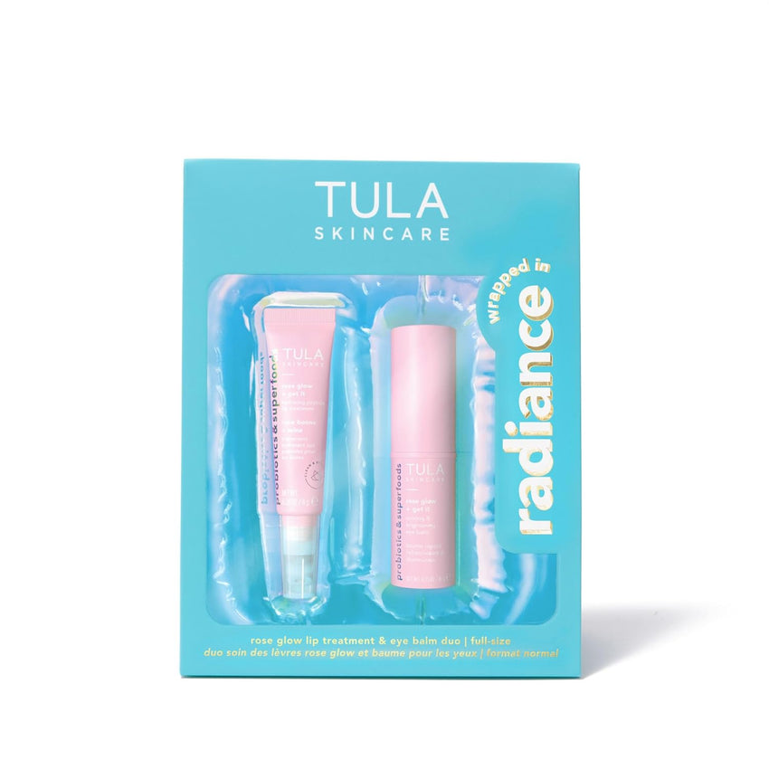 TULA Skin Care Wrapped in Radiance - Rose Glow + Get It Hydrating Peptide Lip Treatment Balm 0.28oz & Cooling & Brightening Eye Balm 0.35 oz, Full-Size, 2 Piece Duo