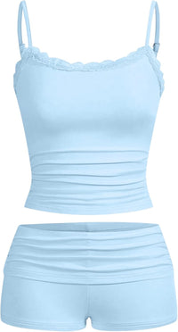 Hilinker Womens Sexy Pajama Set Ruched Lace Trim Cami and Shorts Summer Cute Pjs 2 Piece