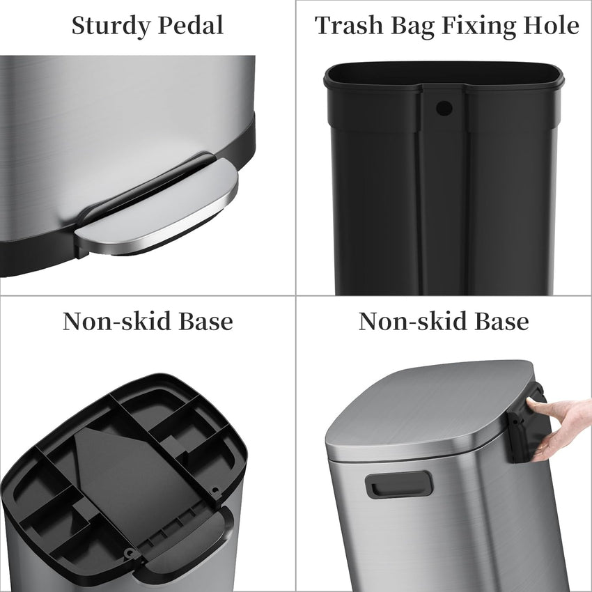 13 Gallon Trash Can with Lid, 50L Fingerprint Proof Stainless Steel Kitchen Trash Can with Removable Inner Bucket and Lid Soft Close, Pedal Rubbish Bin for Home Office(Silver)