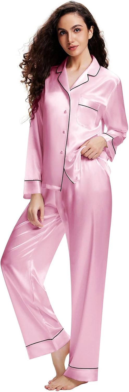 Lonxu Silk Satin Womens Pajama Sets Button Down Sleepwear Loungewear XS~3XL