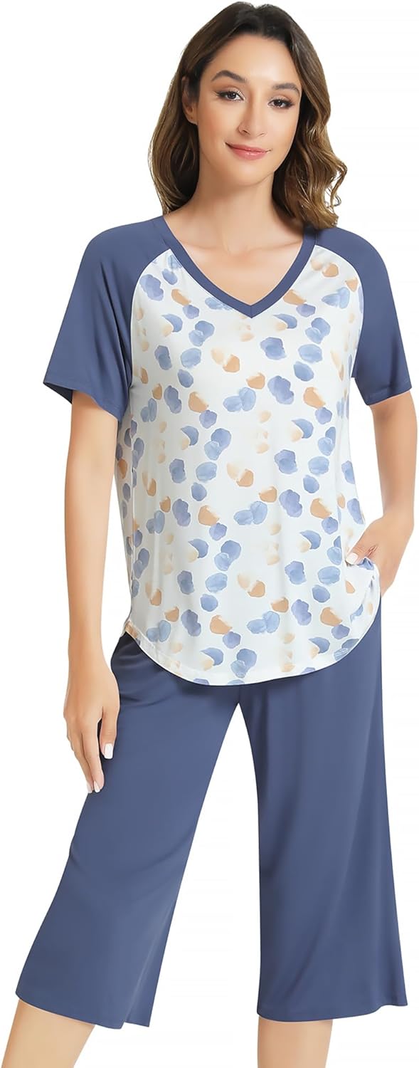 NACHILA Women’s Pajamas-Viscose Made from Bamboo, Short Sleeve Pjs Top with Capri Pajama Sets for Women Cool V Neck Sleepwear