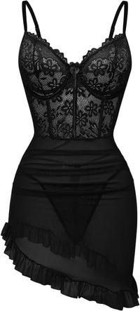 Sexy Corset Bodycon Ruffle Sheer Underwire Mesh Lace Floral Outfits Babydoll Lingerie Set Dress with Thong 2 Piece