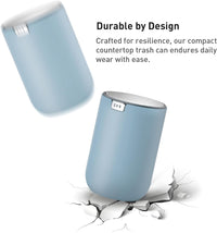 EKO Mini Desk Trash Can with Swing-Top Lid 0.4 Gallon Small Table Round Wastebasket for Office, Home, Car (Blue)