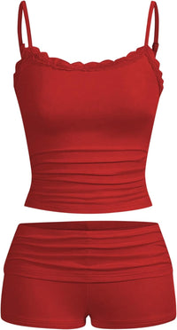 Hilinker Womens Sexy Pajama Set Ruched Lace Trim Cami and Shorts Summer Cute Pjs 2 Piece