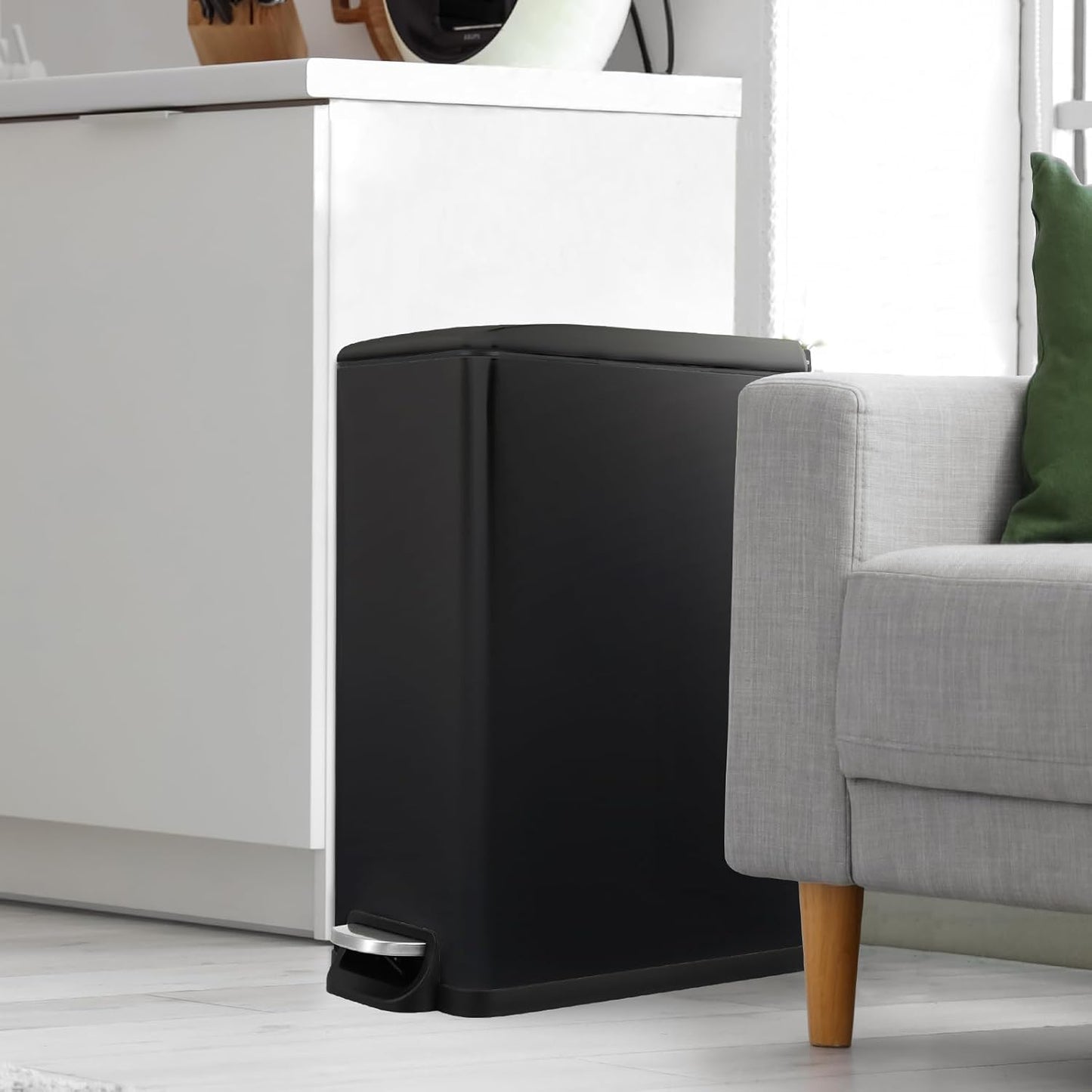 Arlopu 13.2 Gal Slim Kitchen Trash Can with Lid, 50L Stainless Steel Garbage Can, Large Kitchen Rubbish Can, Step Trash Bin w/Foot Pedal and Inner Bucket, Bathroom Trash Can Airtight (Black)