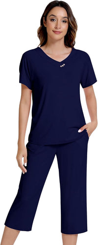 NACHILA Women’s Pajamas-Viscose Made from Bamboo, Short Sleeve Pjs Top with Capri Pajama Sets for Women Cool V Neck Sleepwear