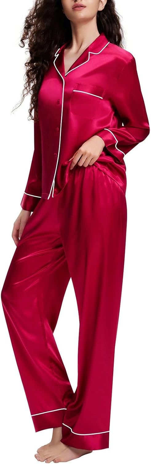 Lonxu Silk Satin Womens Pajama Sets Button Down Sleepwear Loungewear XS~3XL