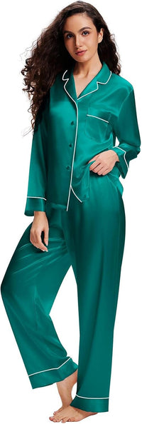 Lonxu Silk Satin Womens Pajama Sets Button Down Sleepwear Loungewear XS~3XL