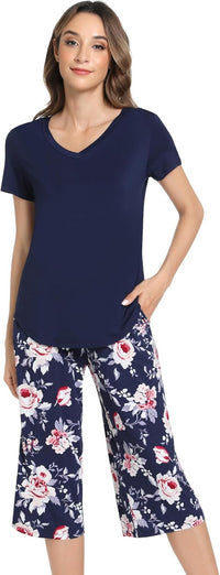 NACHILA Women’s Pajamas-Viscose Made from Bamboo, Short Sleeve Pjs Top with Capri Pajama Sets for Women Cool V Neck Sleepwear