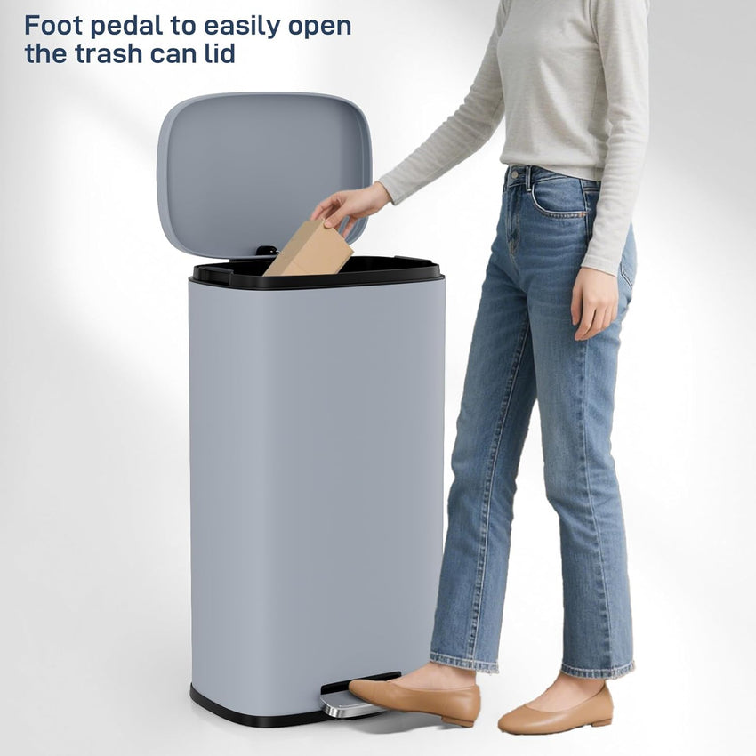 Arlopu 8/13.2 Gallon Step Trash Can, Stainless Steel Garbage Bin, Soft-Close Rubbish Bin with Removable Plastic Inner Bucket, Fingerprint-Proof, Lid Dustbin, Suit for Kitchen Home (Haze Blue, 50L)