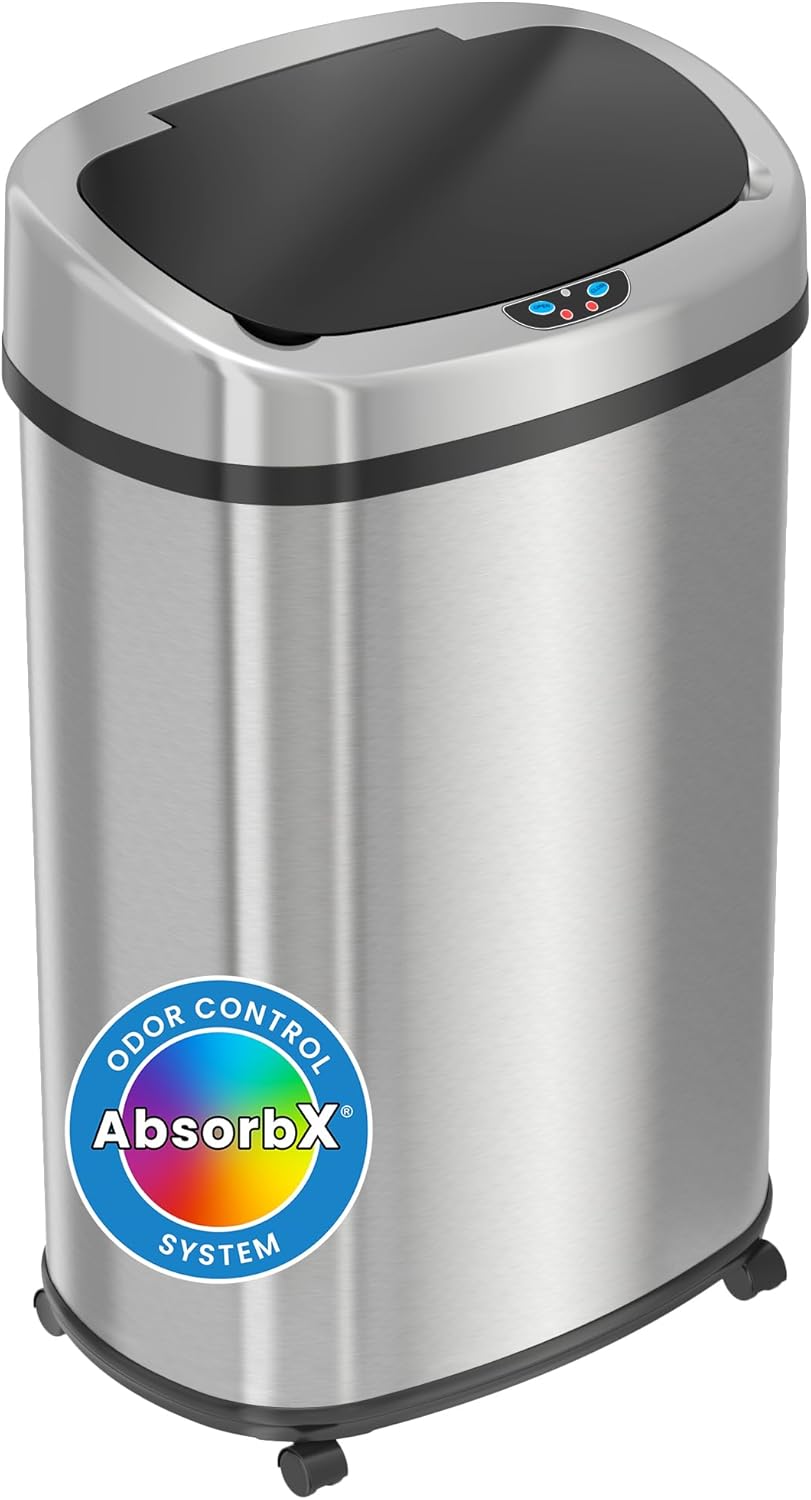 SensorCan 13 Gallon Sensor Trash Can with Wheels and AbsorbX Odor Control System, Stainless Steel, Oval Shape Automatic Kitchen and Office Garbage Bin (Powered by Battery or Optional AC Adapter)