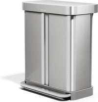 simplehuman 58 Liter / 15.3 Gallon Rectangular Hands-Free Dual Compartment Recycling Kitchen Step Trash Can with Soft-Close Lid, Brushed Stainless Steel