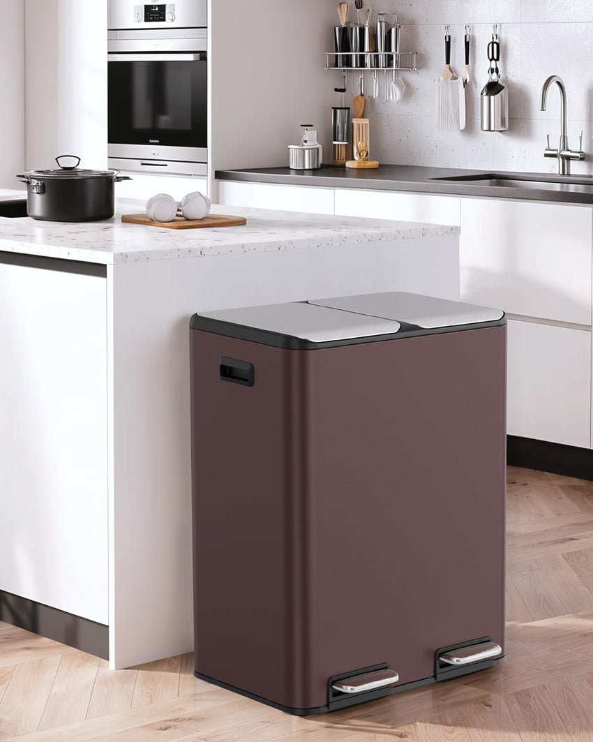 Arlopu 16Gal Dual Trash Can w/2 Built-in Box for Odor Control, Hands-Free Kitchen Garbage Bin, Recycle Waste Dustbin, Soft-Close Lid, 2 Buckets,Foot Pedal, Side Handle, Airtight,for Home Office