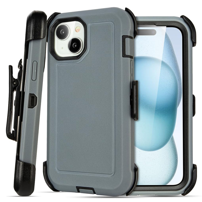Shockproof Case for iPhone 16 Plus, Heavy Duty, Anti-Drop, 3 Layers, Grey with Belt Clip