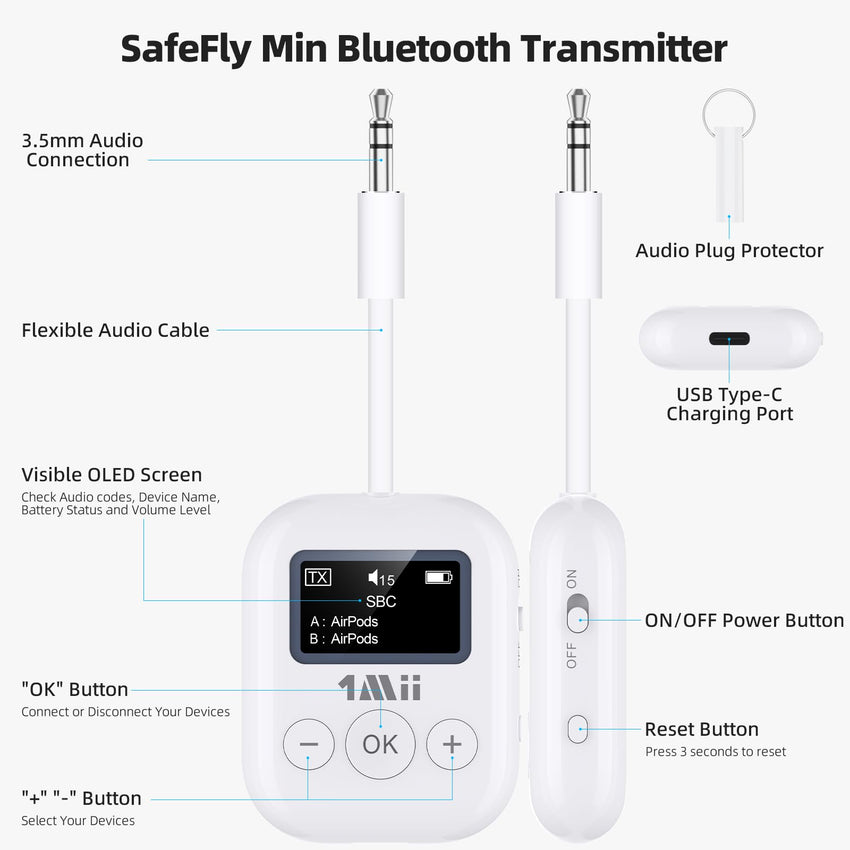 1Mii Bluetooth Transmitter for Airplane, Bluetooth 5.3 Adapter for TV,Airplane Travel Essentials, Aptx Low Latency Wireless Audio Aux for Headphones, Any 3.5mm Jack,Linking 2 Devices (White)