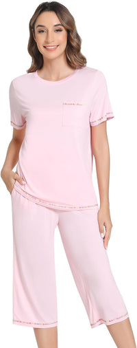 NACHILA Women’s Pajamas-Viscose Made from Bamboo, Short Sleeve Pjs Top with Capri Pajama Sets for Women Cool V Neck Sleepwear